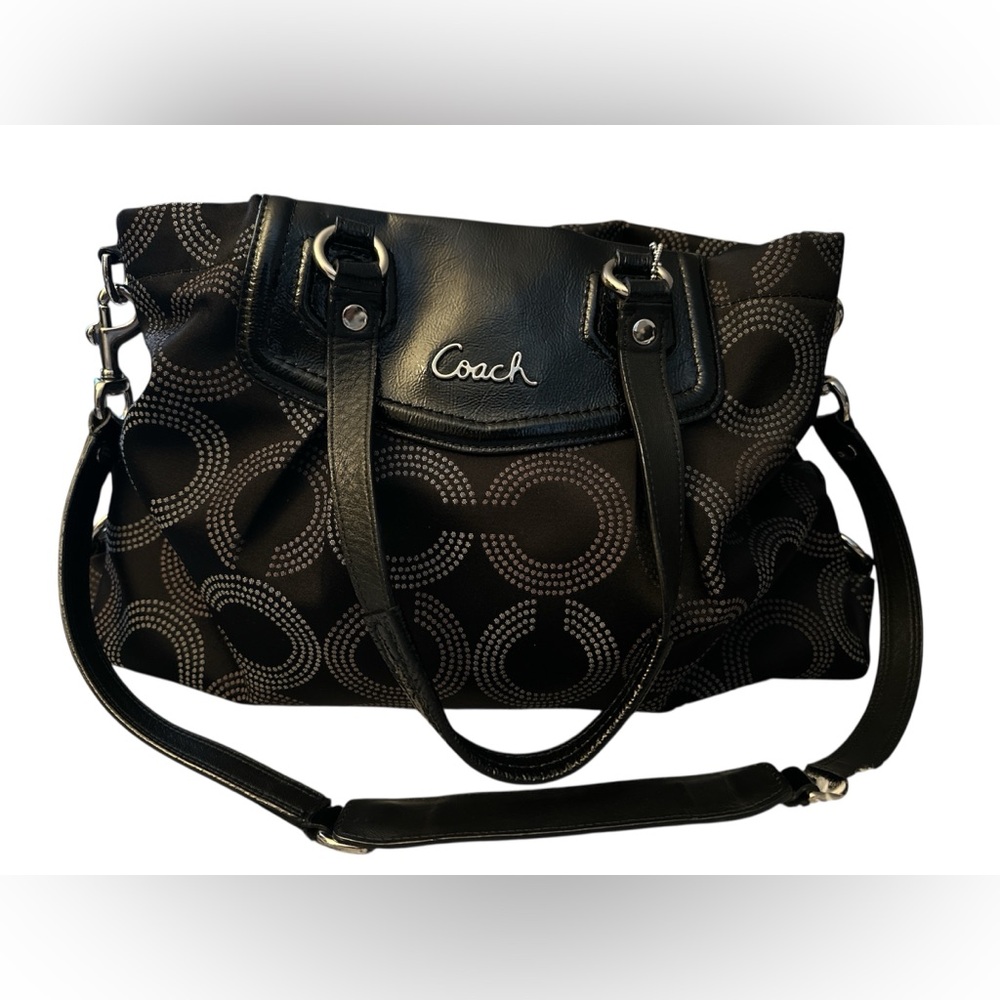 Coach Ashley Dotted Op Art Patent Leather Shoulder Bag black gray